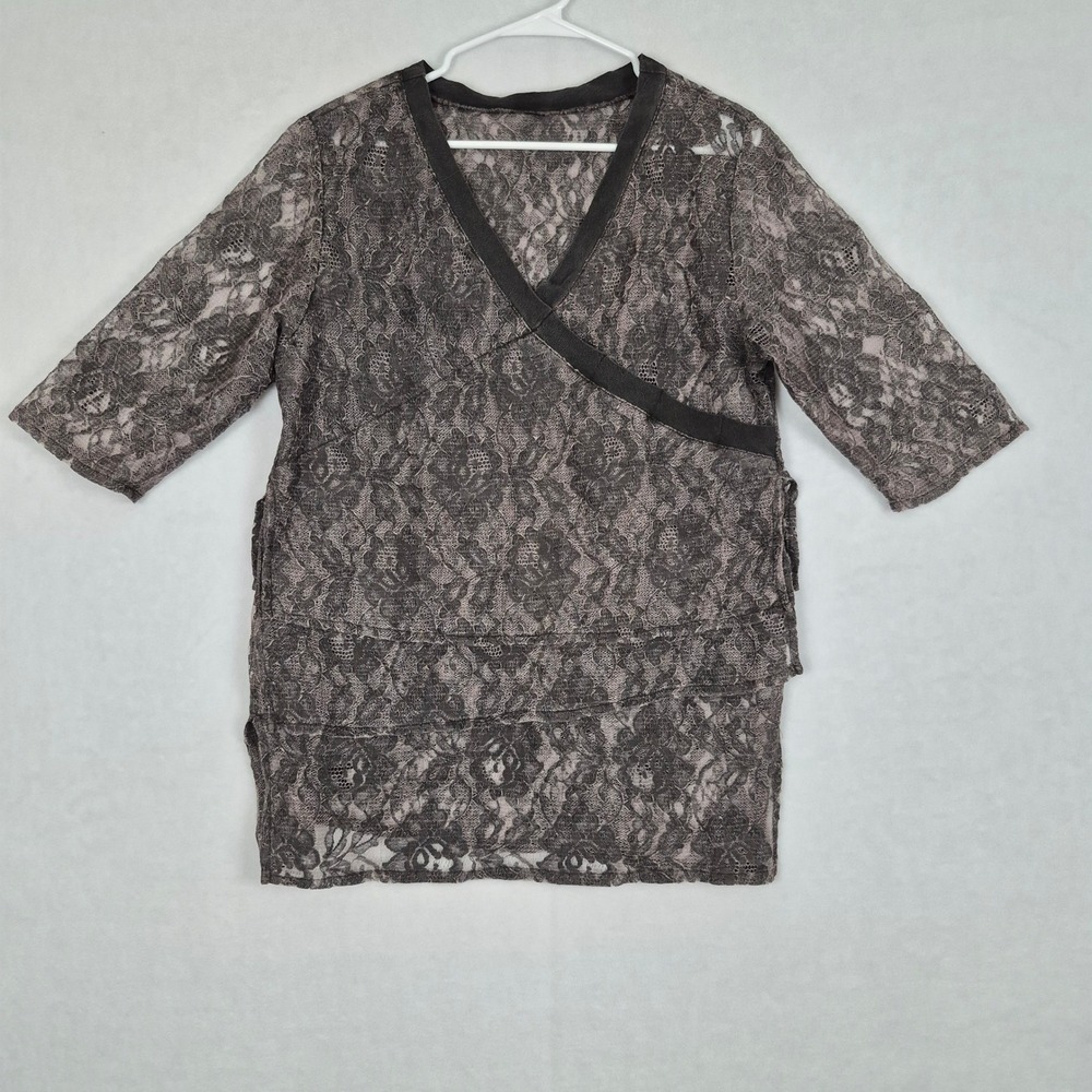 Whimsy Gray Floral Lace Faux Wrap Tunic Top Sheer Layered Sz Large Fairy Grunge